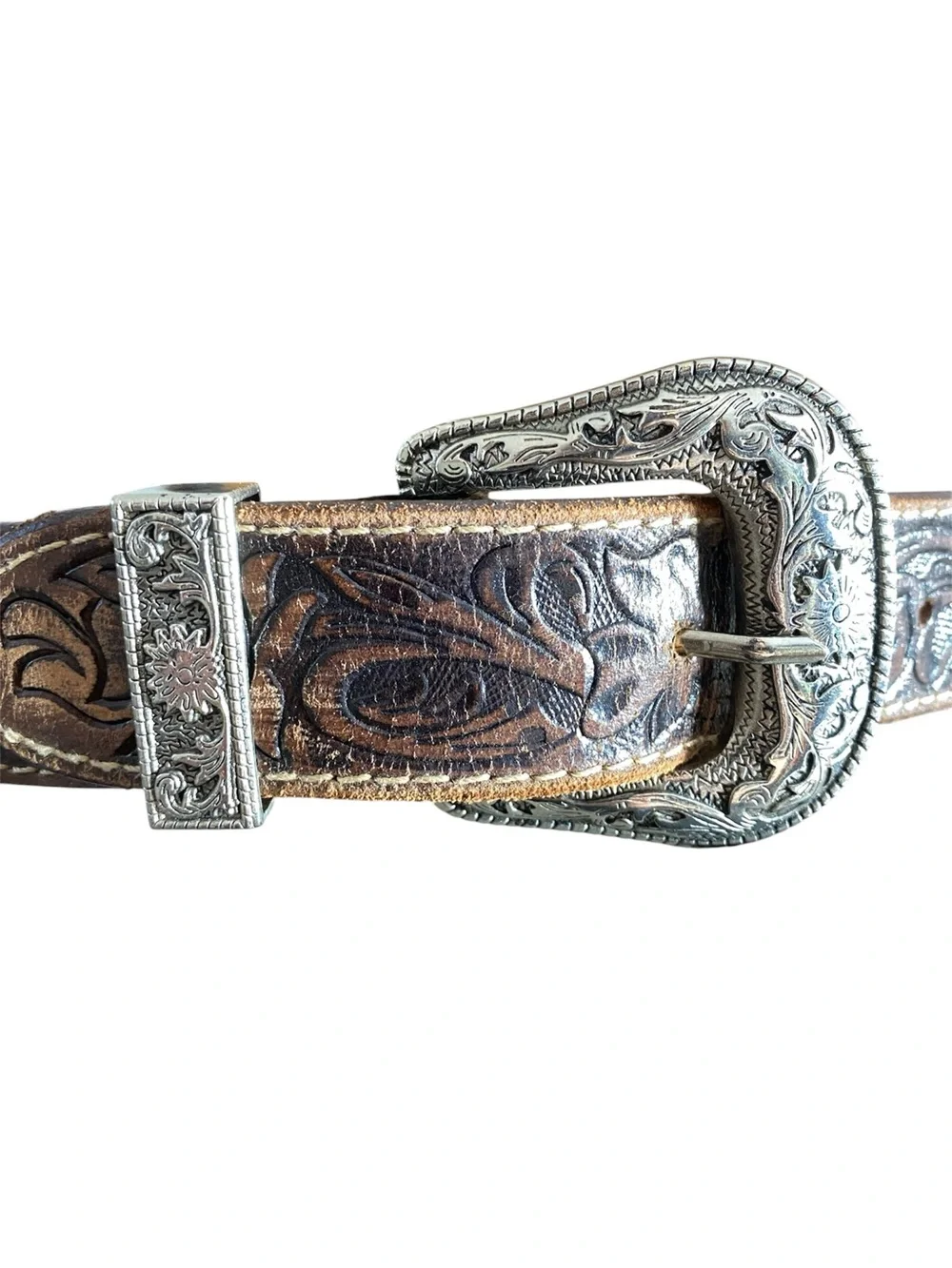 Brown Leather Western Belt Tooled Leather Hide Details Concho Details